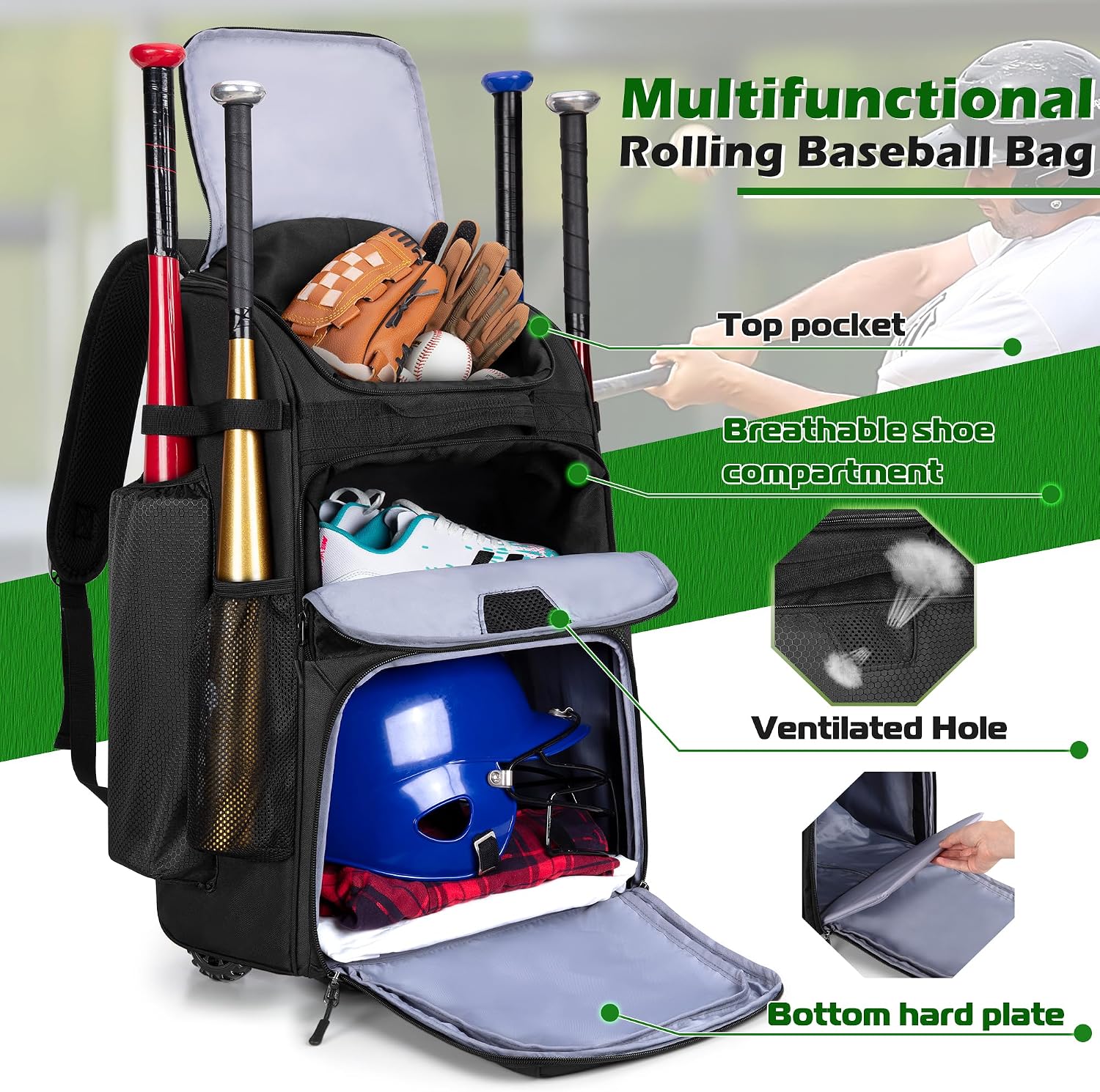 Zaino da Baseball con Ruote, B - Sports Equipment Bag With Wheels recensione e prezzo